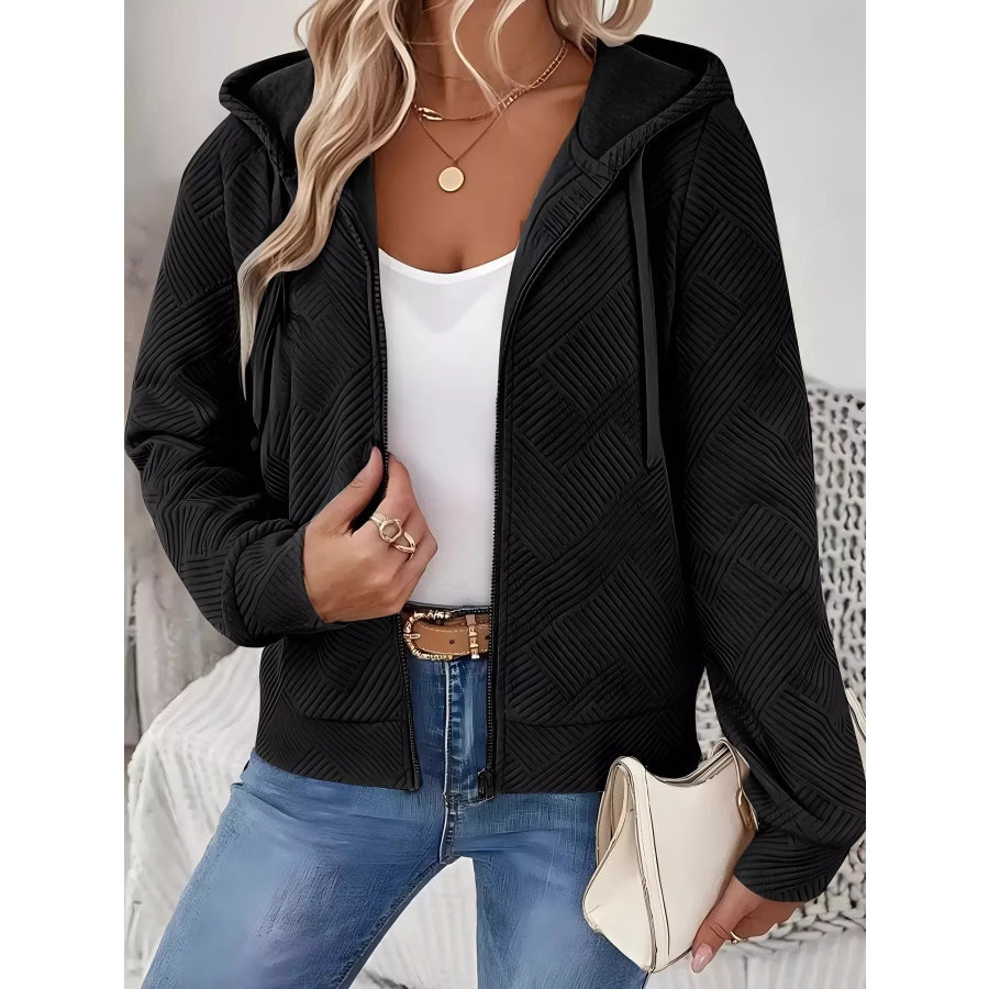 Textured Zip-Up Hooded Jacket Black / S Apparel and Accessories