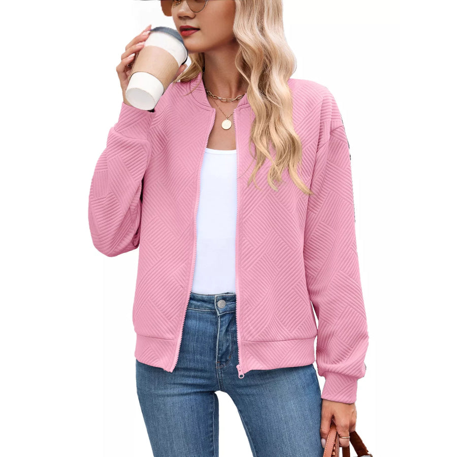 Textured Zip Up Jacket Pink / S Apparel and Accessories