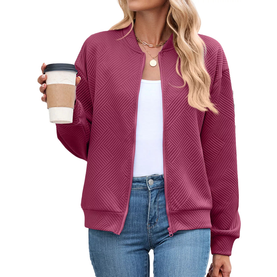 Textured Zip Up Jacket Wine Red / S Apparel and Accessories