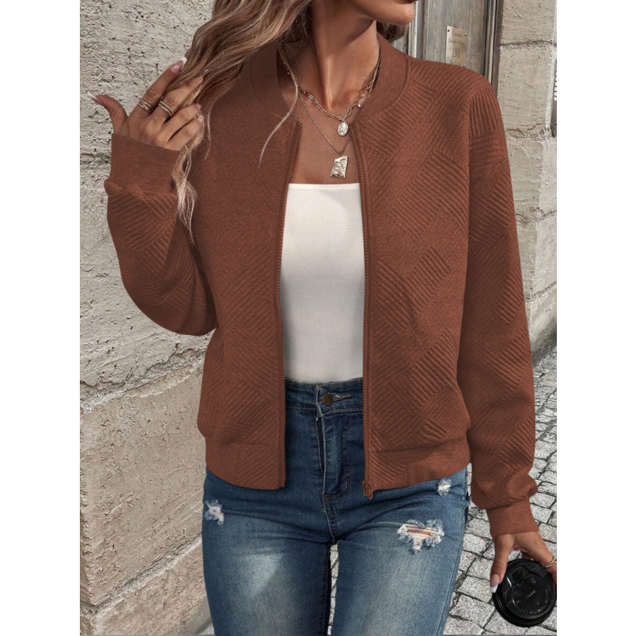 Textured Zip Up Long Sleeve Jacket Apparel and Accessories