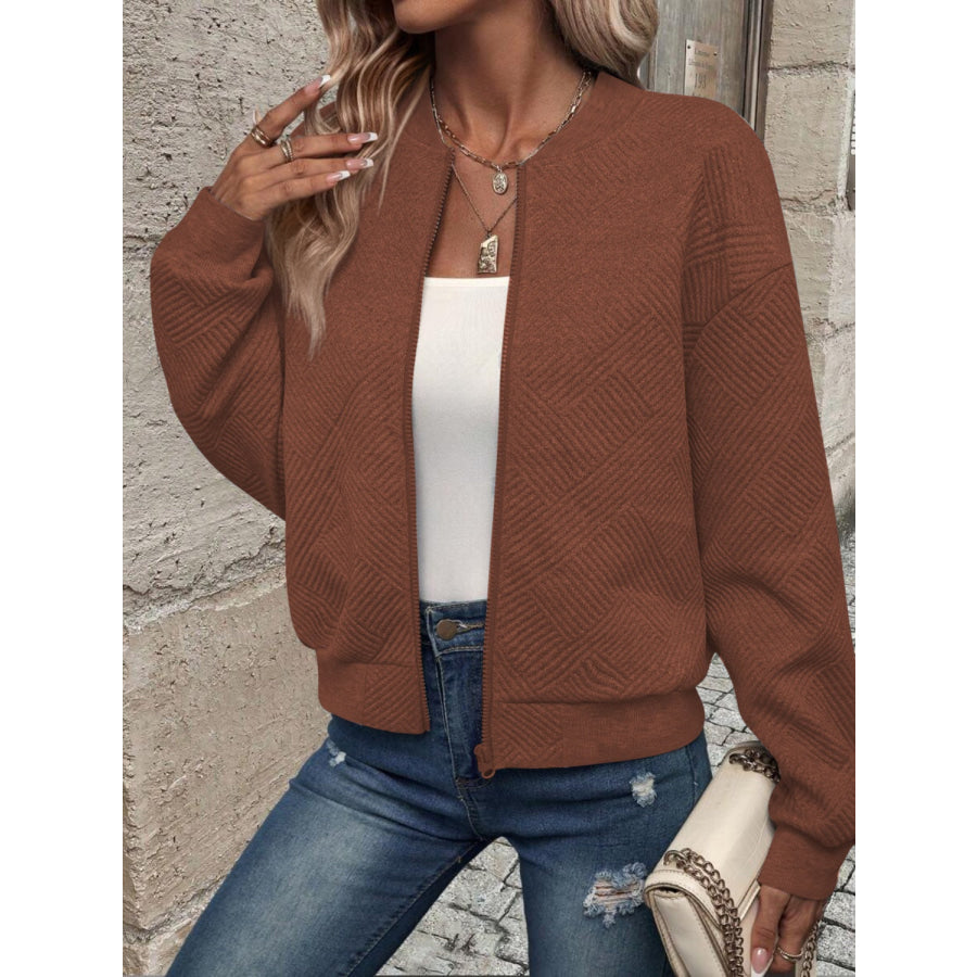 Textured Zip Up Long Sleeve Jacket Apparel and Accessories