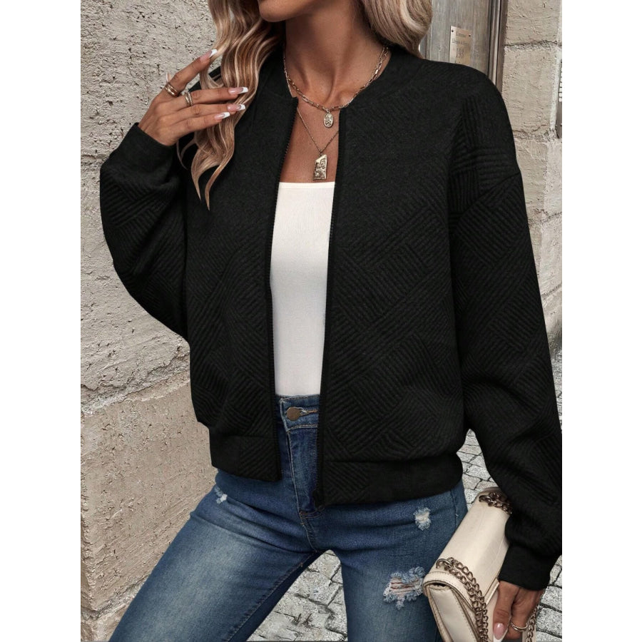 Textured Zip Up Long Sleeve Jacket Apparel and Accessories