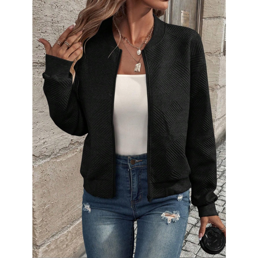 Textured Zip Up Long Sleeve Jacket Apparel and Accessories