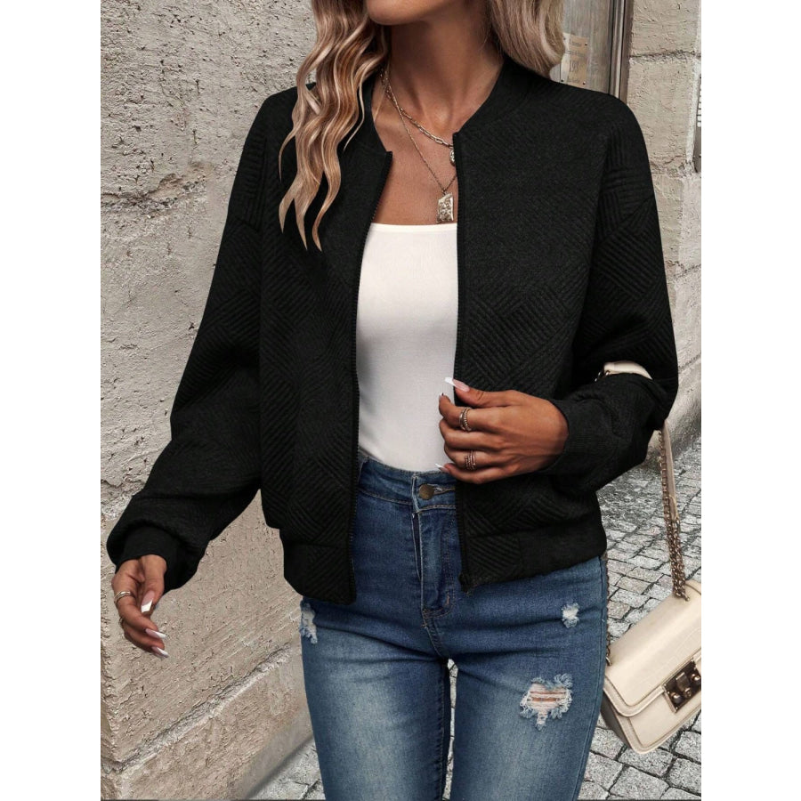 Textured Zip Up Long Sleeve Jacket Apparel and Accessories