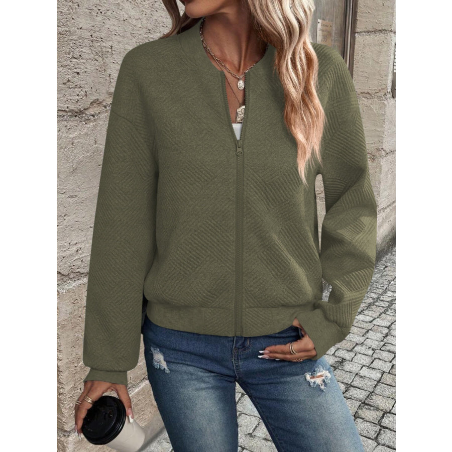 Textured Zip Up Long Sleeve Jacket Army Green / S Apparel and Accessories