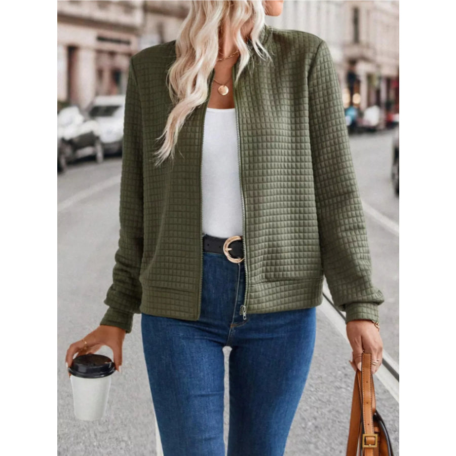 Textured Zip-Up Long Sleeve Jacket Army Green / S Apparel and Accessories