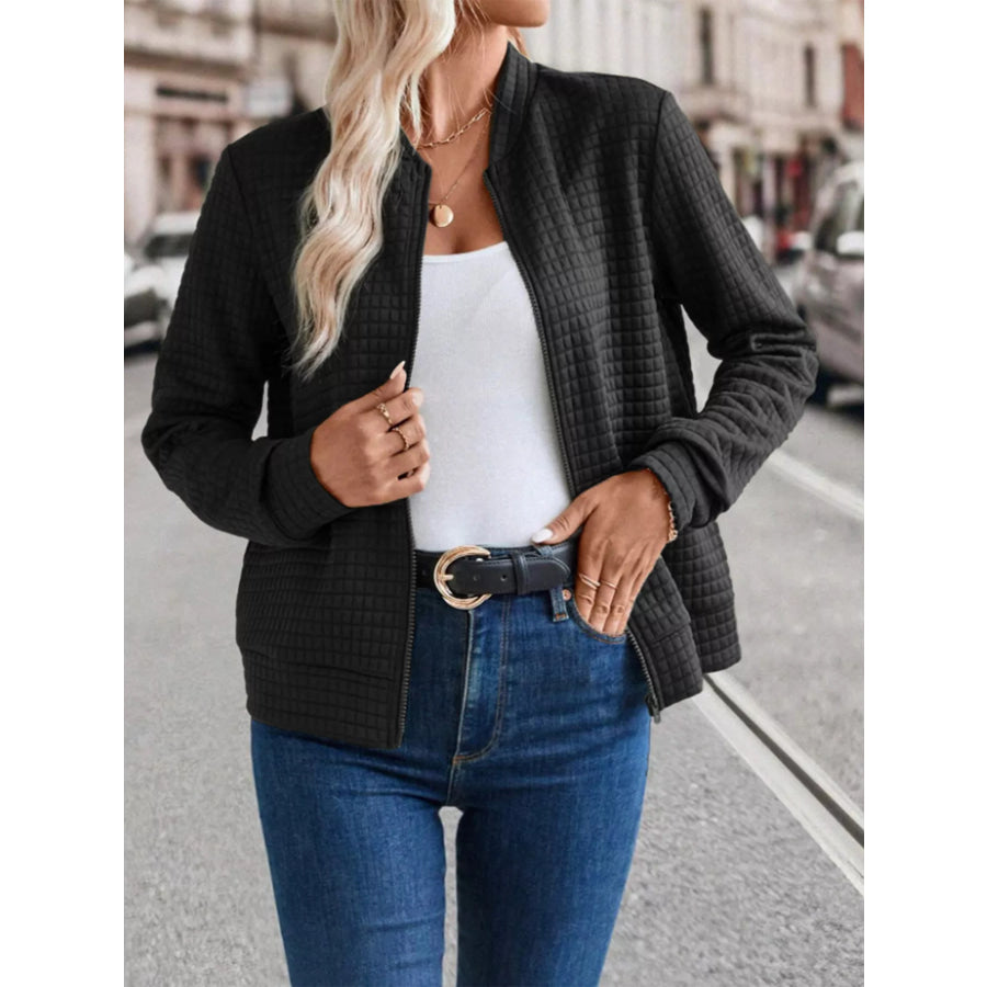 Textured Zip-Up Long Sleeve Jacket Black / S Apparel and Accessories