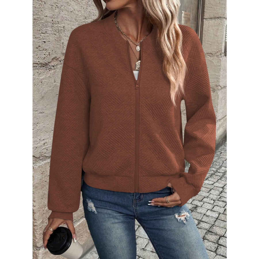 Textured Zip Up Long Sleeve Jacket Caramel / S Apparel and Accessories