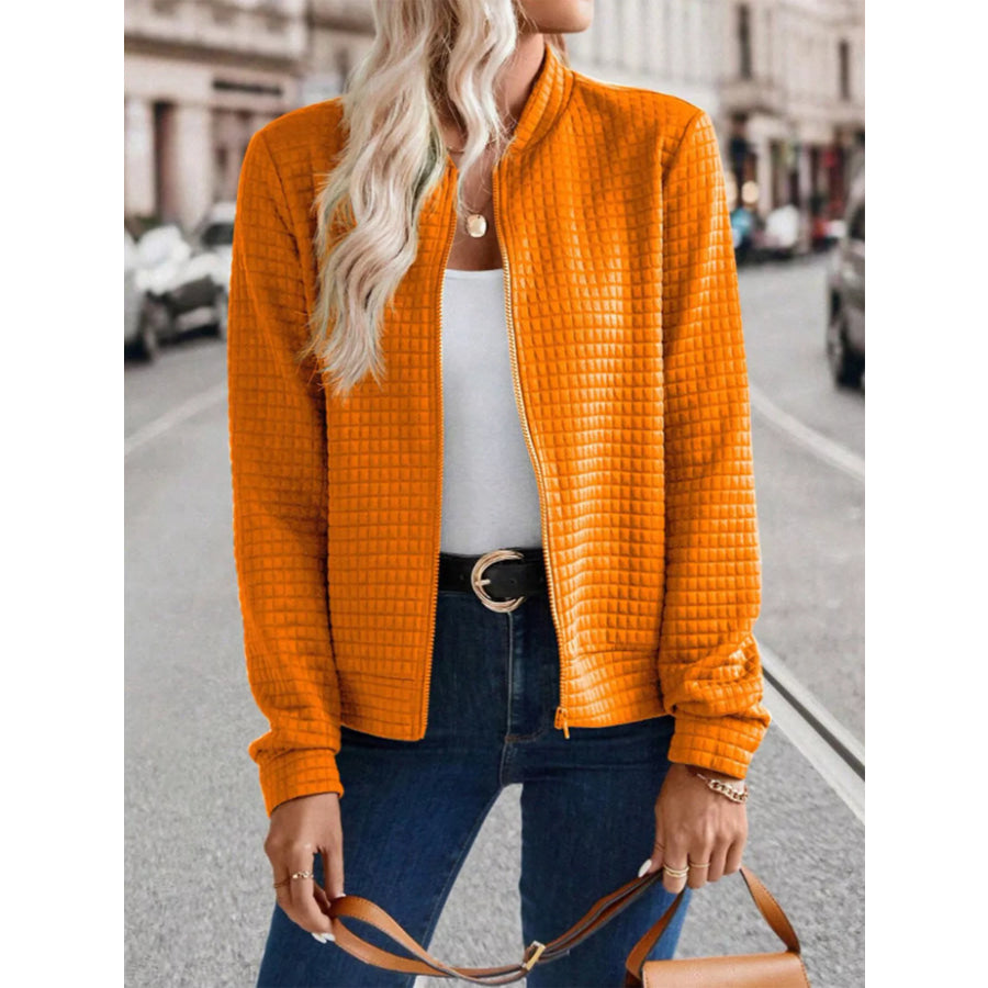 Textured Zip-Up Long Sleeve Jacket Orange / S Apparel and Accessories