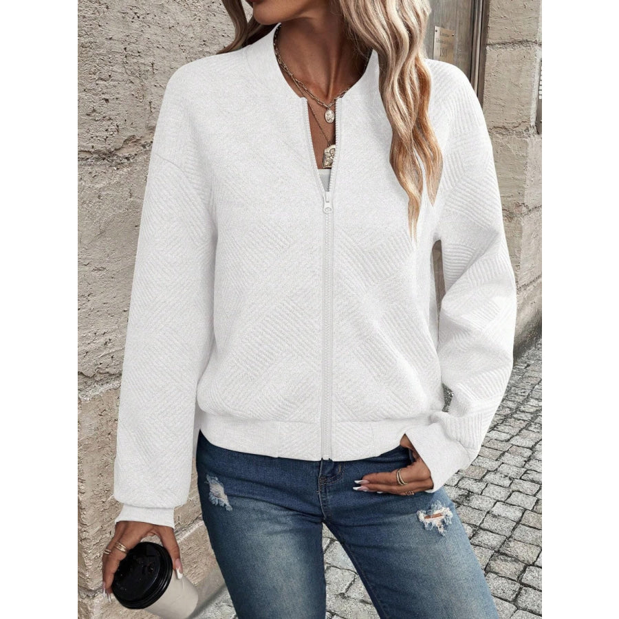 Textured Zip Up Long Sleeve Jacket White / S Apparel and Accessories