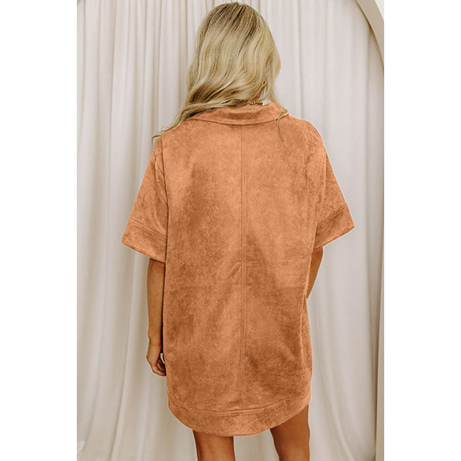 Thai Curry Collared V Neck Faux Suede Short Sleeve Shift Mini Dress Dresses/Mini Dresses