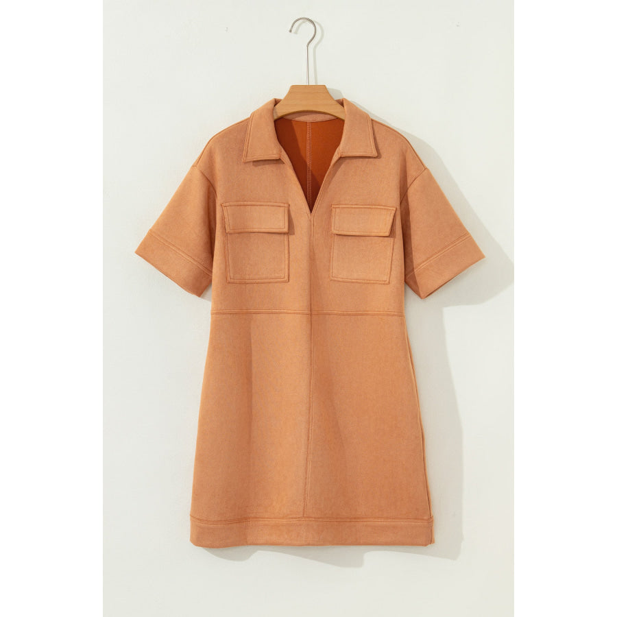 Thai Curry Collared V Neck Faux Suede Short Sleeve Shift Mini Dress Dresses/Mini Dresses