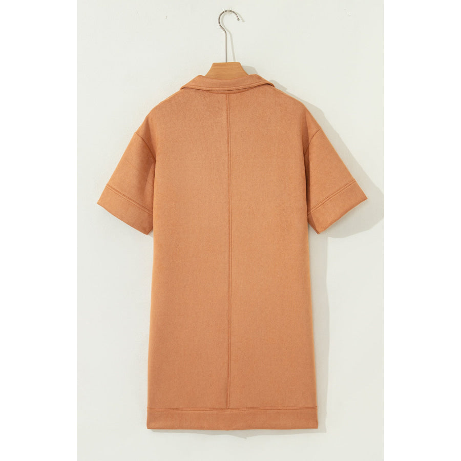Thai Curry Collared V Neck Faux Suede Short Sleeve Shift Mini Dress Dresses/Mini Dresses