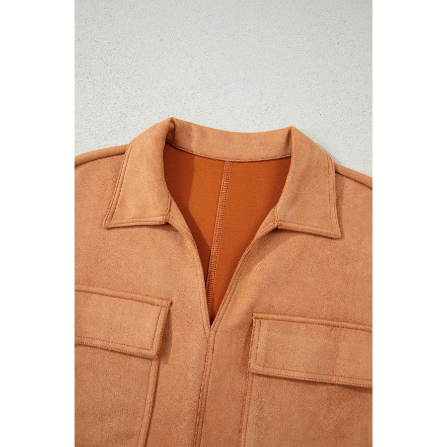 Thai Curry Collared V Neck Faux Suede Short Sleeve Shift Mini Dress Dresses/Mini Dresses