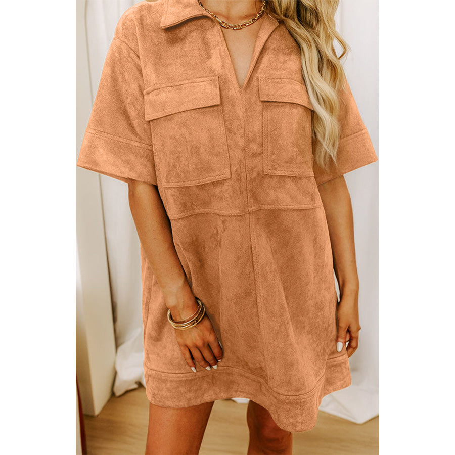 Thai Curry Collared V Neck Faux Suede Short Sleeve Shift Mini Dress Thai Curry / S / 95% Polyester + 5% Elastane Dresses/Mini Dresses