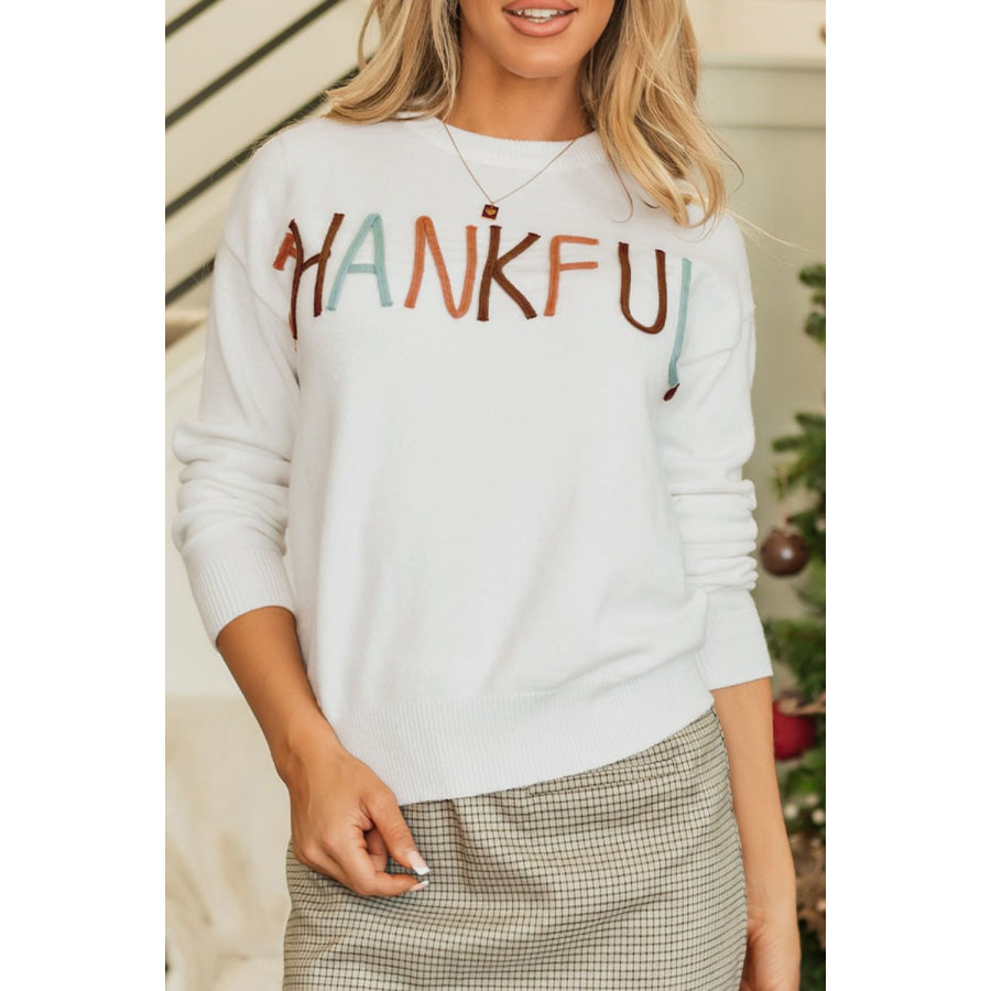 THANKFUL Round Neck Drop Shoulder Sweater Apparel and Accessories