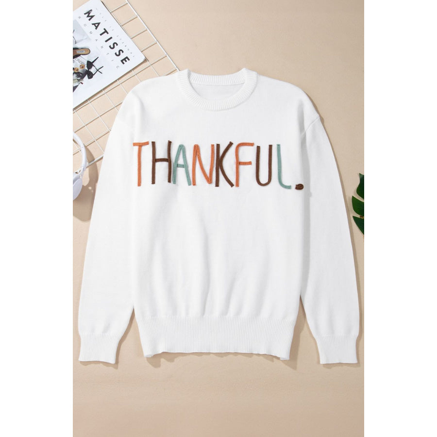 THANKFUL Round Neck Drop Shoulder Sweater Apparel and Accessories