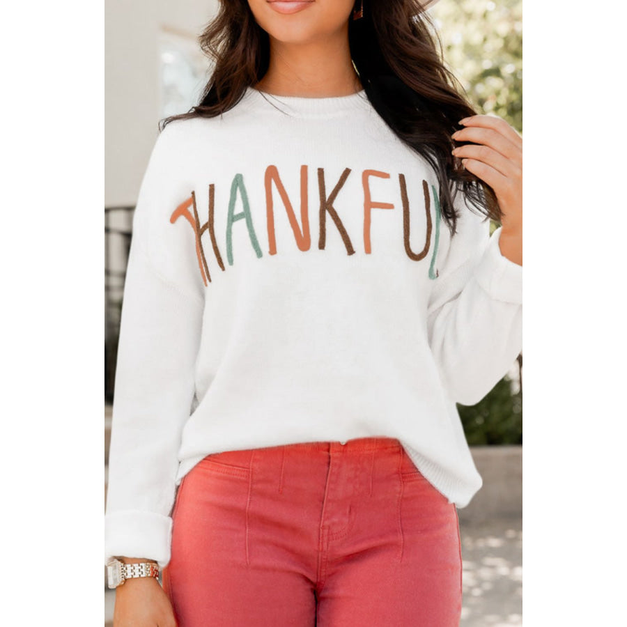 THANKFUL Round Neck Drop Shoulder Sweater White / S Apparel and Accessories