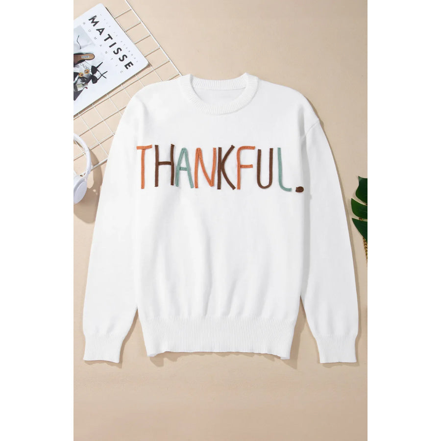 THANKFUL Round Neck Long Sleeve Knit Top Apparel and Accessories