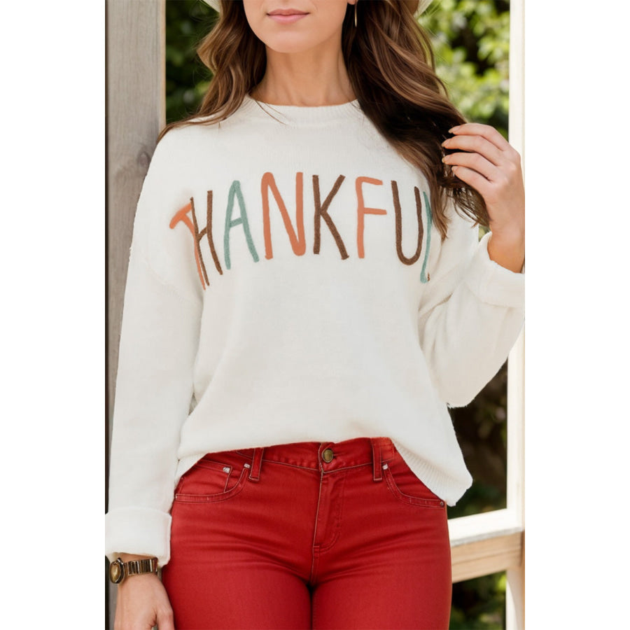 THANKFUL Round Neck Long Sleeve Knit Top White / S Apparel and Accessories