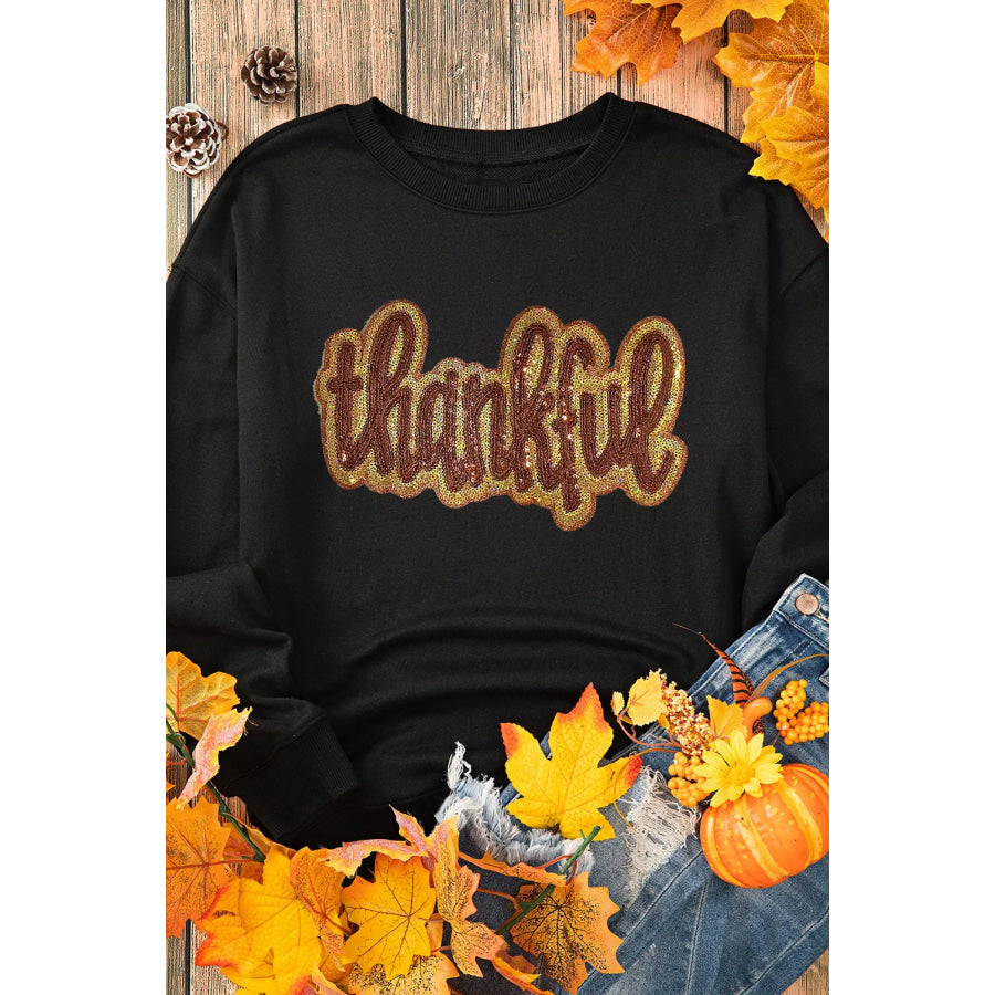 THANKFUL Round Neck Long Sleeve Sweatshirt Apparel and Accessories