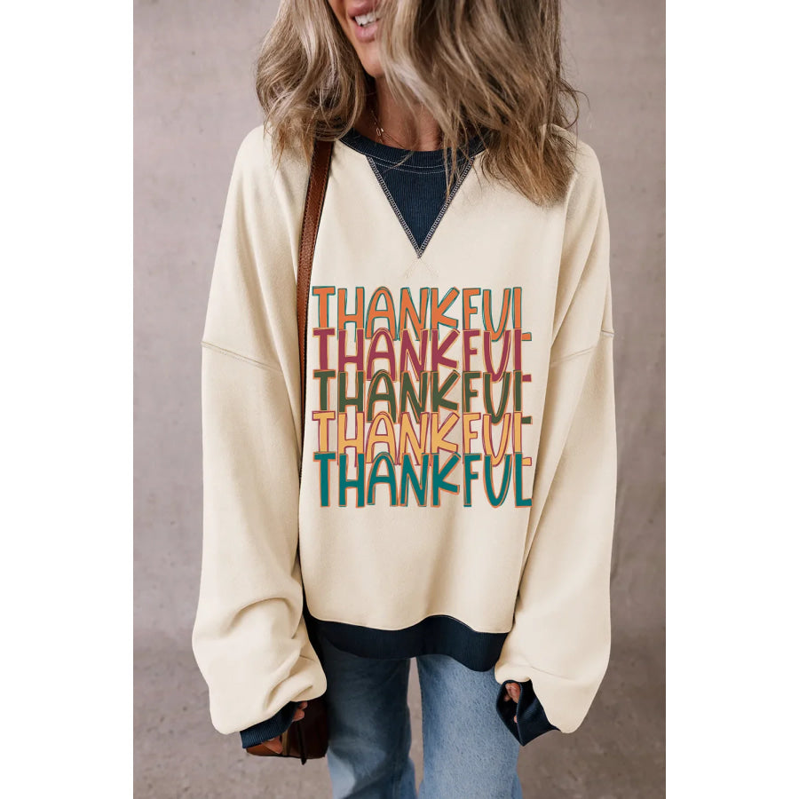 THANKFUL Round Neck Long Sleeve Sweatshirt Apparel and Accessories