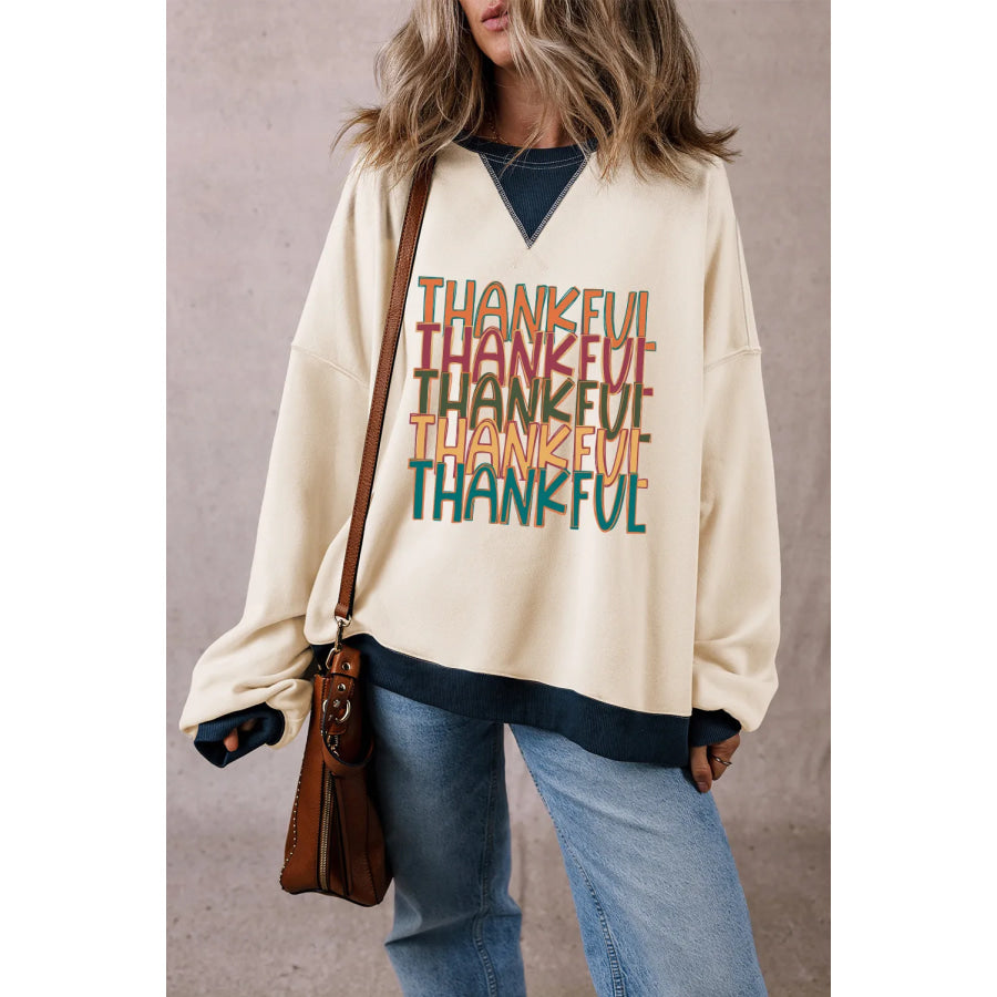 THANKFUL Round Neck Long Sleeve Sweatshirt Apparel and Accessories