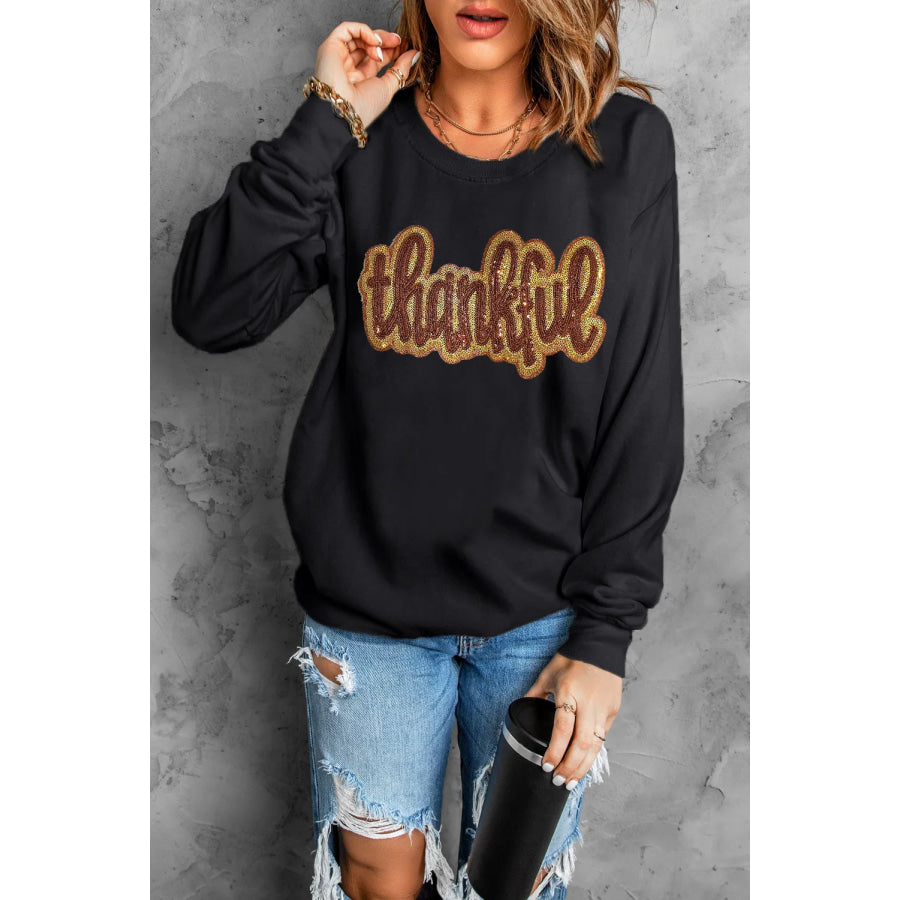 THANKFUL Round Neck Long Sleeve Sweatshirt Black / S Apparel and Accessories