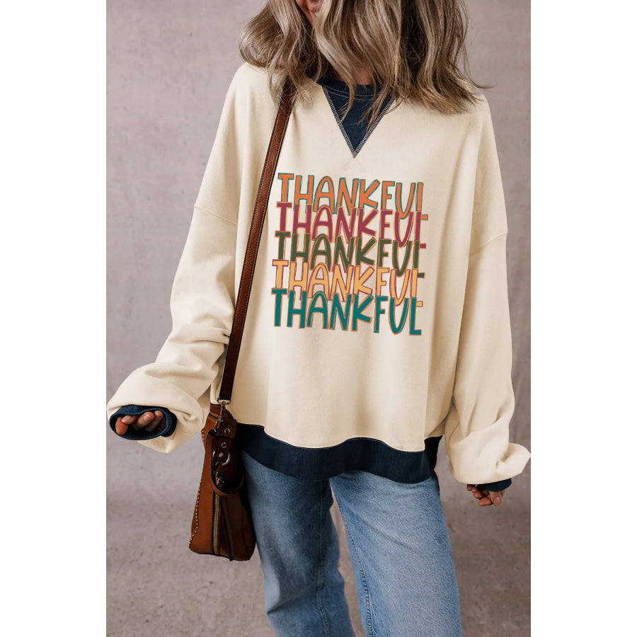 THANKFUL Round Neck Long Sleeve Sweatshirt Ivory / S Apparel and Accessories