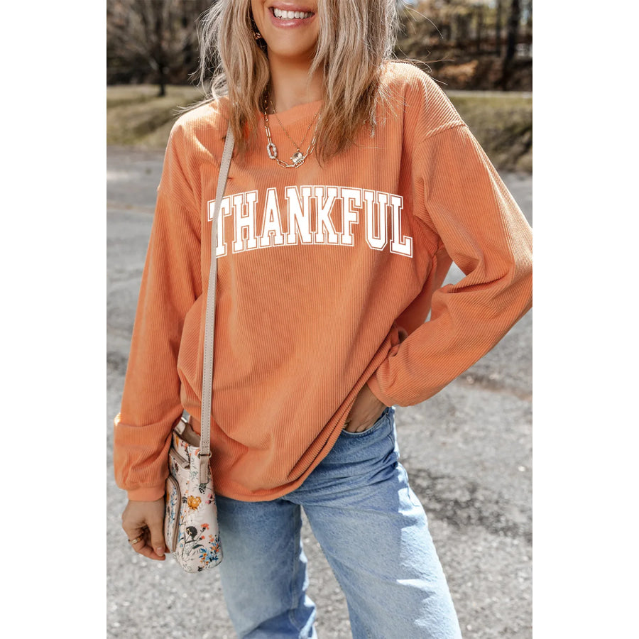 THANKFUL Round Neck Long Sleeve Sweatshirt Sherbet / S Apparel and Accessories