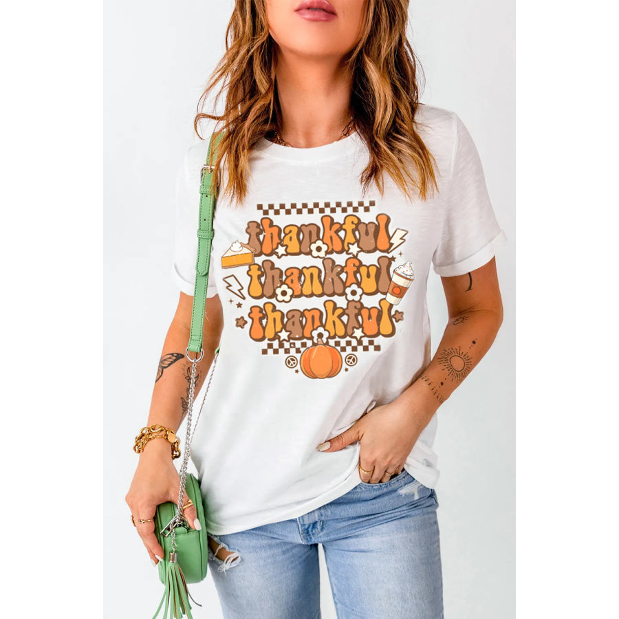 THANKFUL Round Neck Short Sleeve T-Shirt White / S Apparel and Accessories