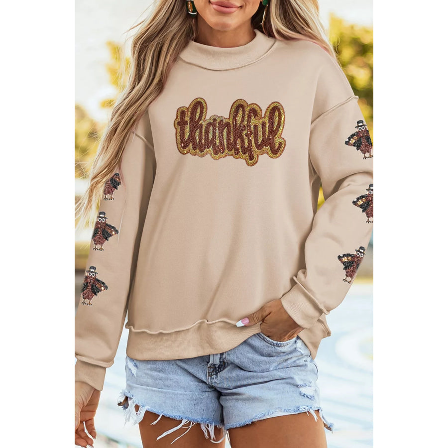 Thankful Sequin Mock Neck Sweatshirt Apparel and Accessories