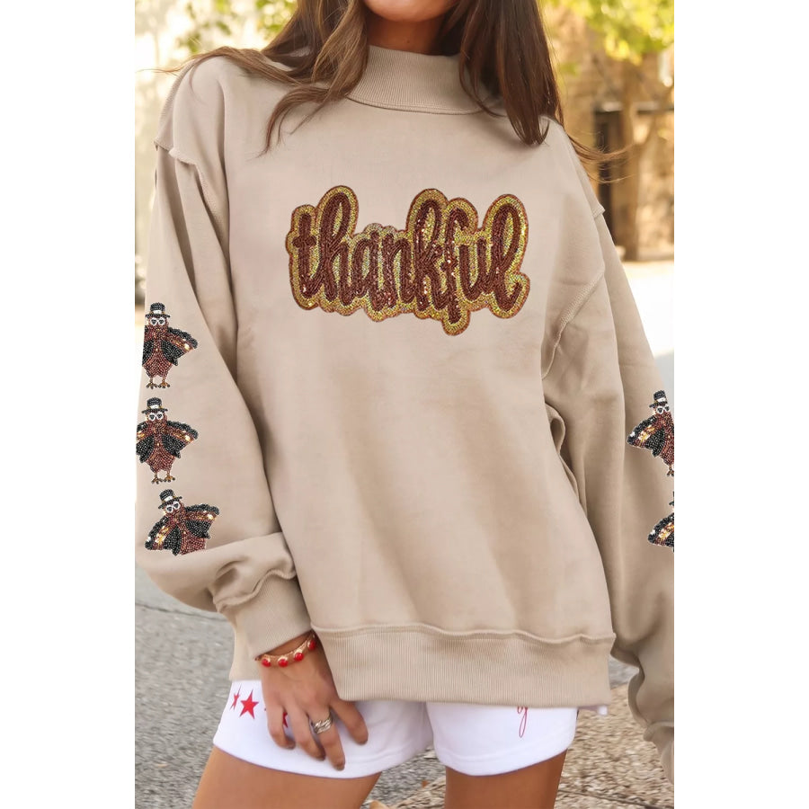 Thankful Sequin Mock Neck Sweatshirt Khaki / S Apparel and Accessories