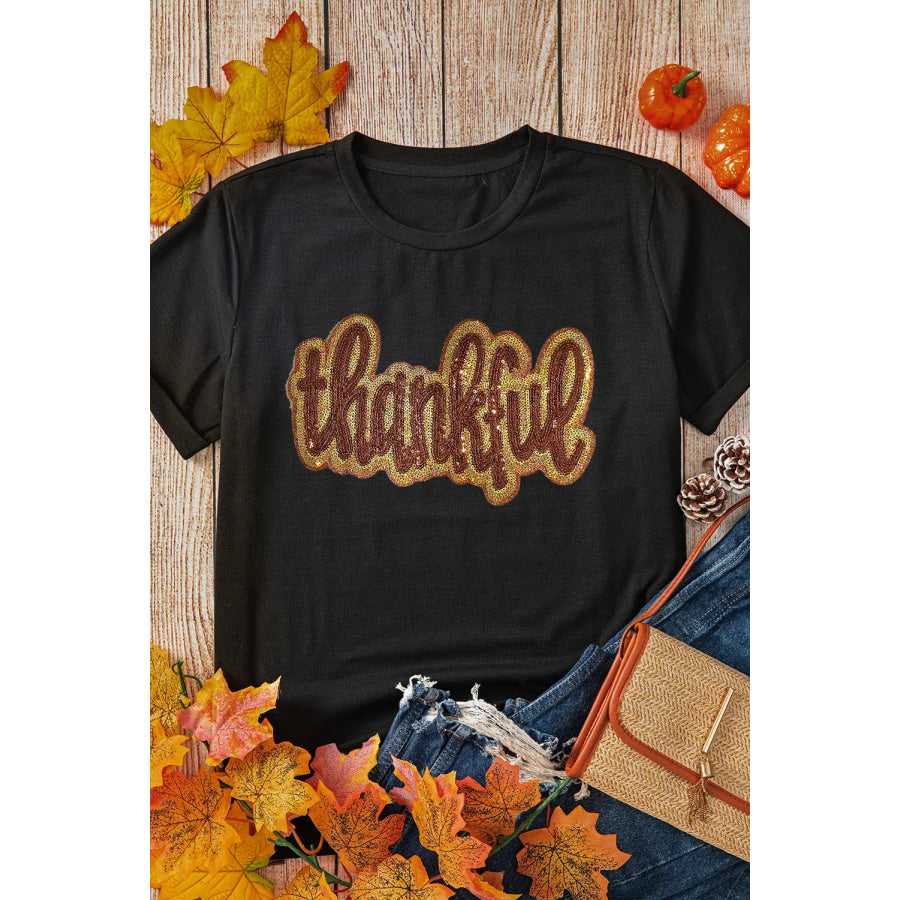 THANKFUL Sequin Round Neck Short Sleeve T-Shirt Apparel and Accessories