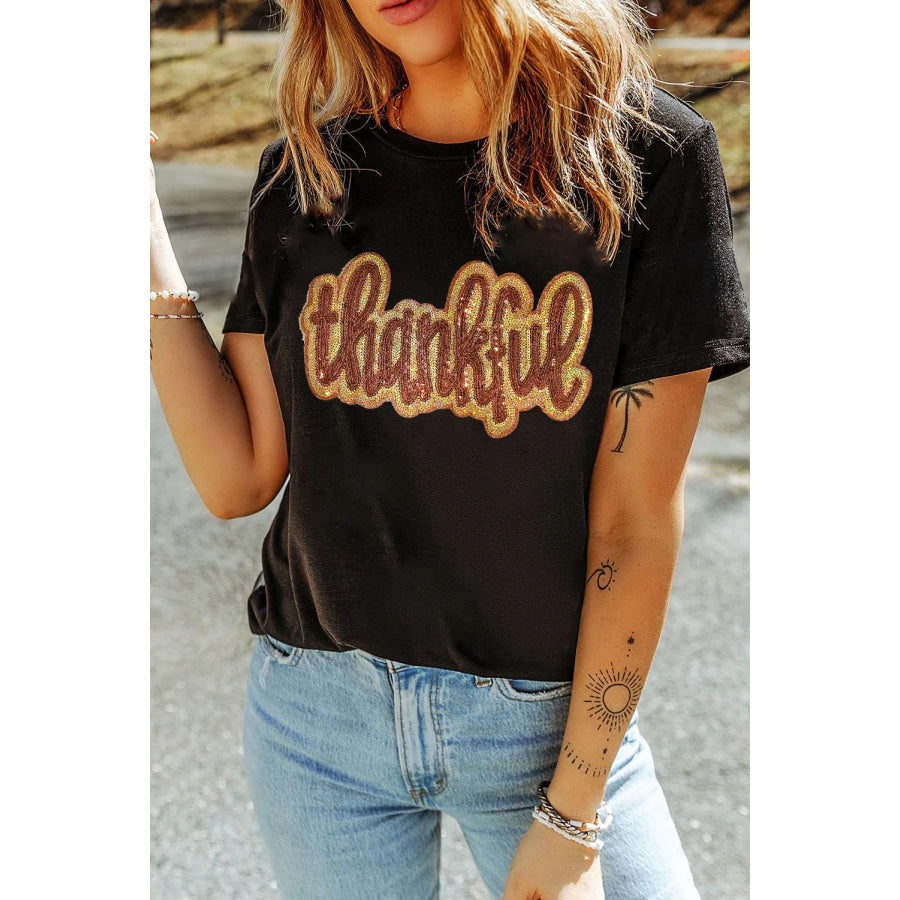 THANKFUL Sequin Round Neck Short Sleeve T-Shirt Black / S Apparel and Accessories