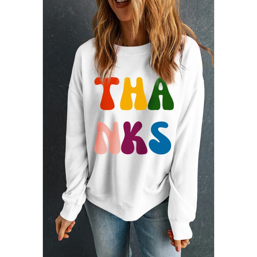 THANKS Round Neck Long Sleeve Sweatshirt Apparel and Accessories