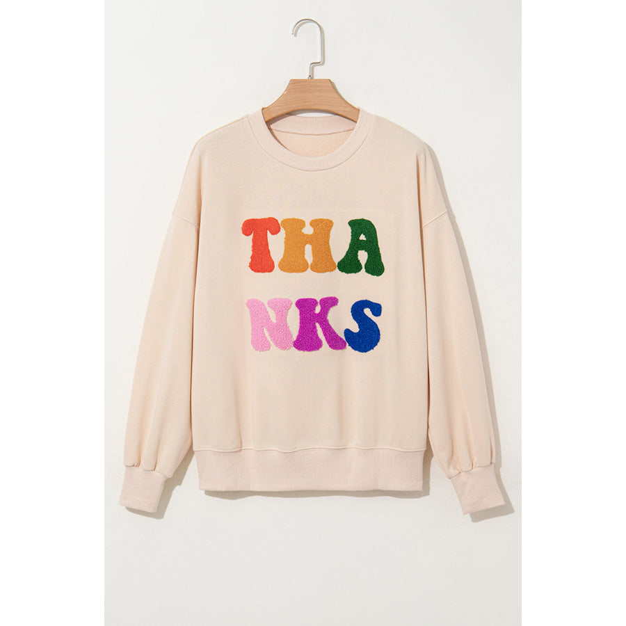 THANKS Round Neck Long Sleeve Sweatshirt Apparel and Accessories