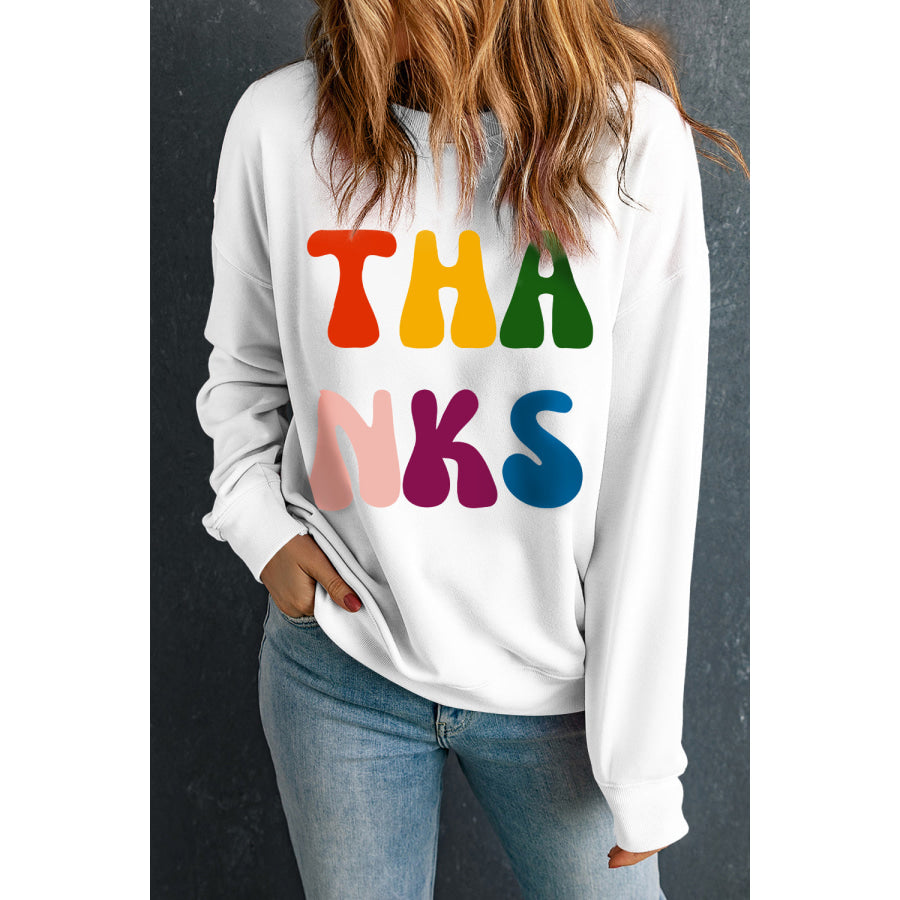 THANKS Round Neck Long Sleeve Sweatshirt White / S Apparel and Accessories