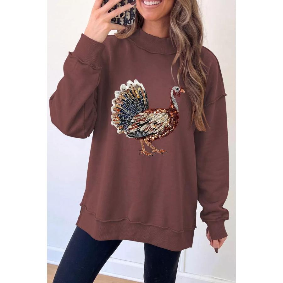 Thanksgiving Gobble Turkey High Neck Graphic Sweatshirt Dark Brown / S Apparel and Accessories