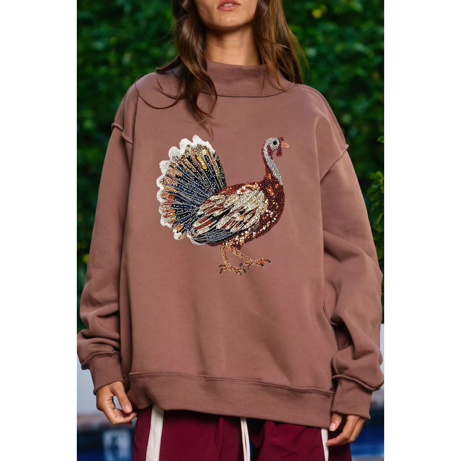 Thanksgiving Gobble Turkey High Neck Graphic Sweatshirt Dark Brown / S Apparel and Accessories