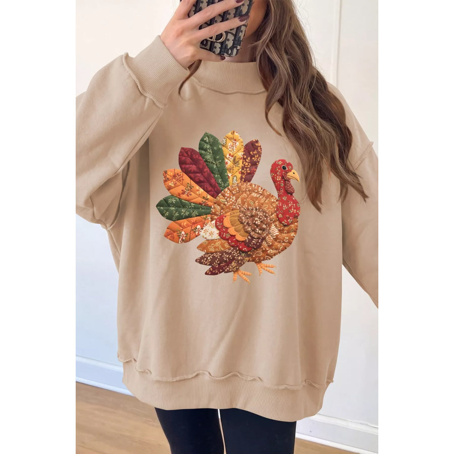 Thanksgiving Patchwork Turkey Graphic Mock Neck Sweatshirt Apparel and Accessories