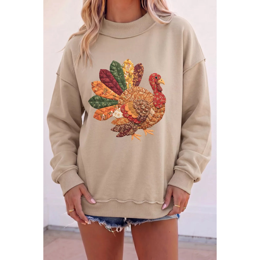 Thanksgiving Patchwork Turkey Graphic Mock Neck Sweatshirt Khaki / S Apparel and Accessories