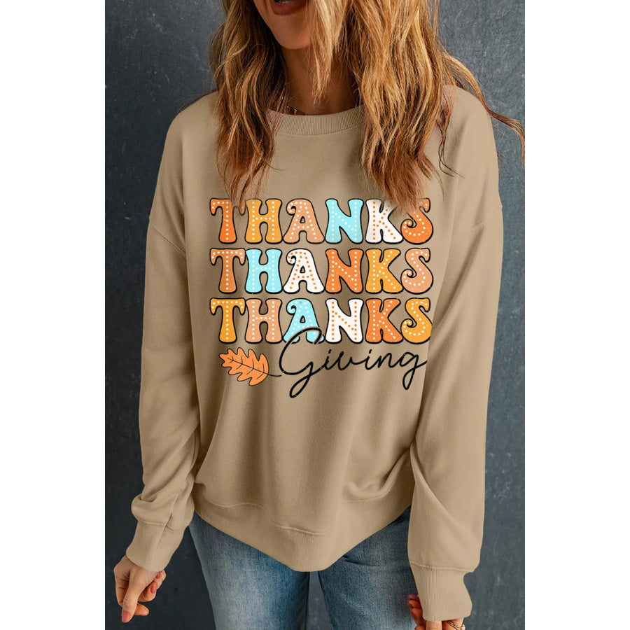 THANKSGIVING Round Neck Dropped Shoulder Sweatshirt Khaki / S Apparel and Accessories