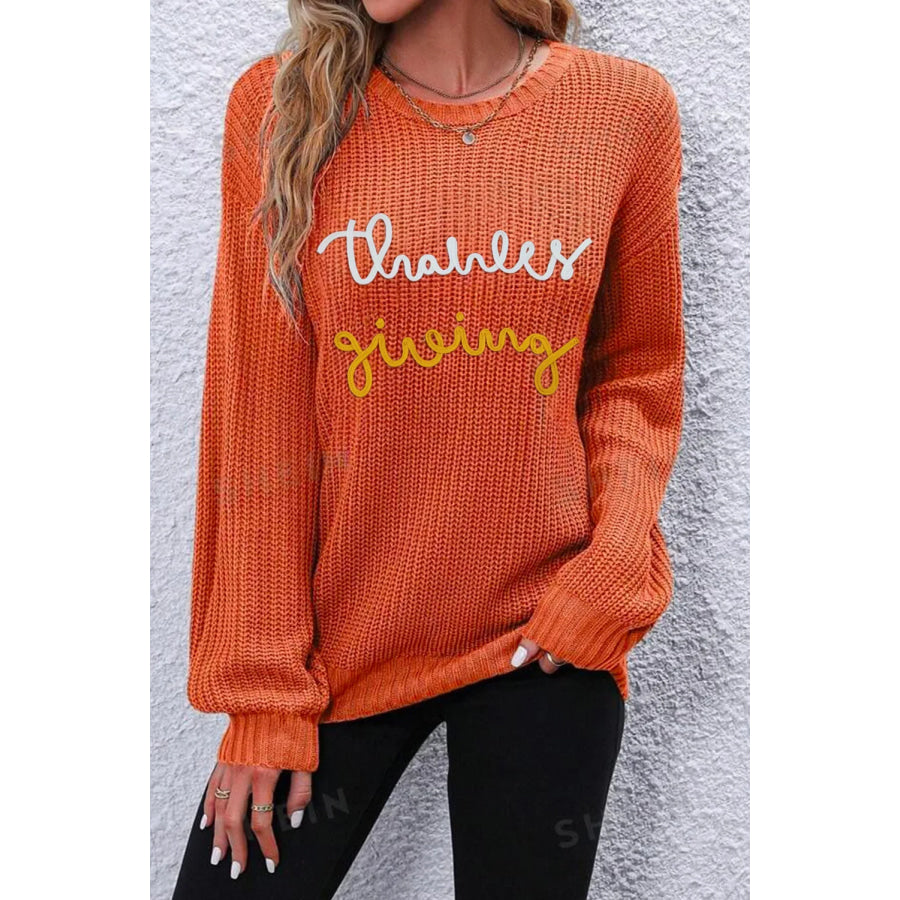 THANKSGIVING Round Neck Long Sleeve Sweater Orange / S Apparel and Accessories