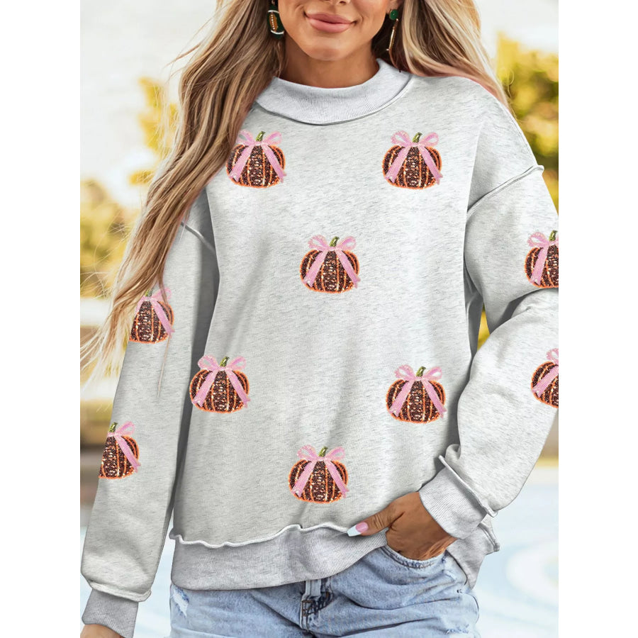 Thanksgiving Sequin Pumpkin High Neck Holiday Sweatshirt Light Gray / S Apparel and Accessories