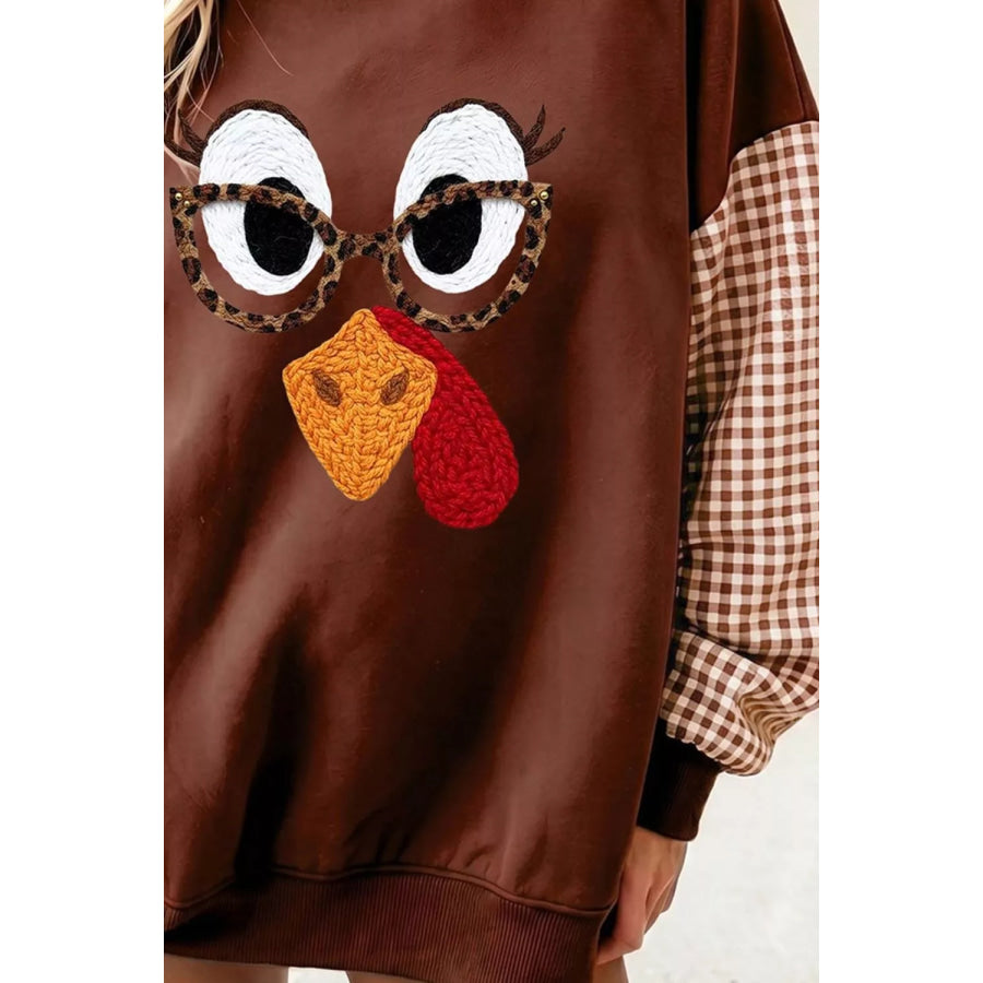 Thanksgiving Turkey Plaid Sleeve Pullover Sweatshirt Brown / S Apparel and Accessories