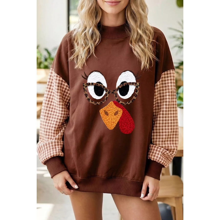 Thanksgiving Turkey Plaid Sleeve Pullover Sweatshirt Brown / S Apparel and Accessories