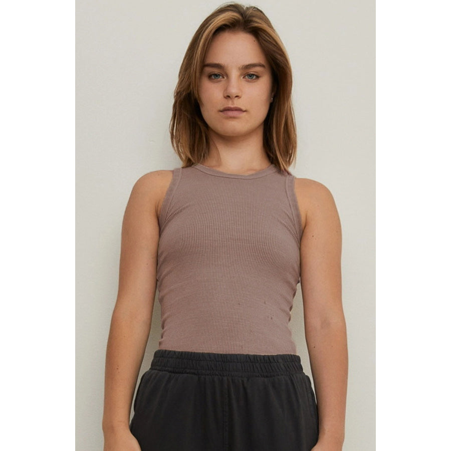 THE BLANK LAB Round Neck Ribbed Cropped Tank COCA MOCHA / S Apparel and Accessories