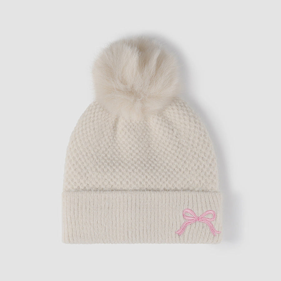 Thermal Bow Knit Hat with Pompom Beige / One Size Apparel and Accessories