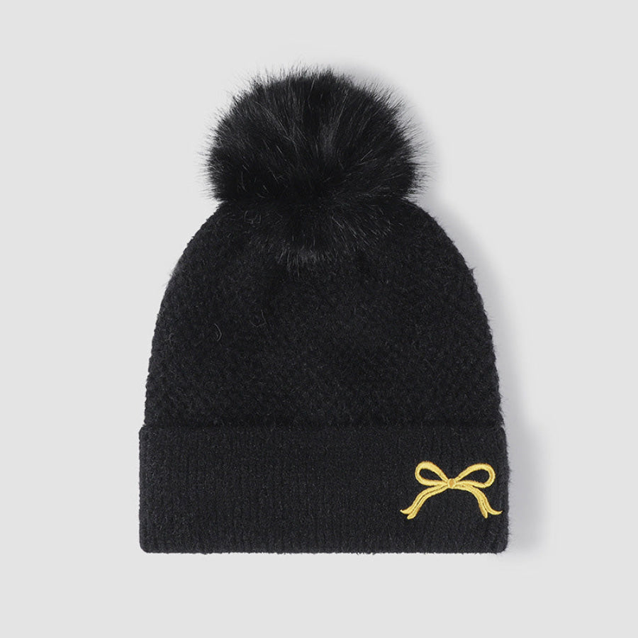 Thermal Bow Knit Hat with Pompom Black / One Size Apparel and Accessories